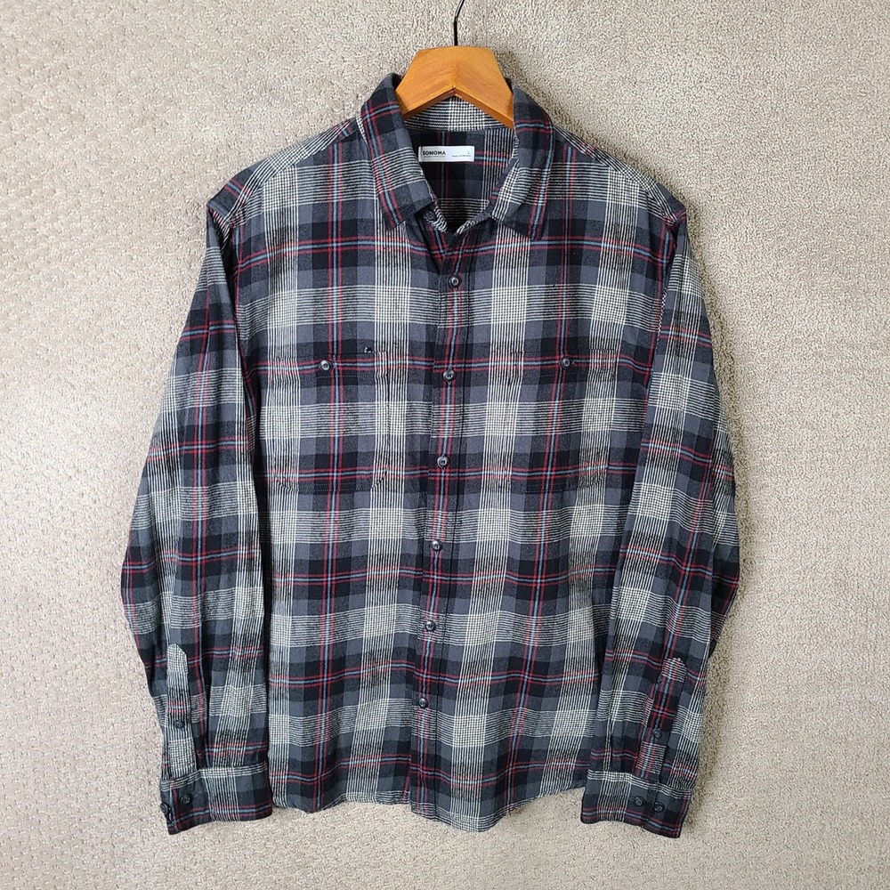 Sonoma Shirt Mens L Gray Red Plaid Button Down Flannel Cotton Long Sleeve Casual